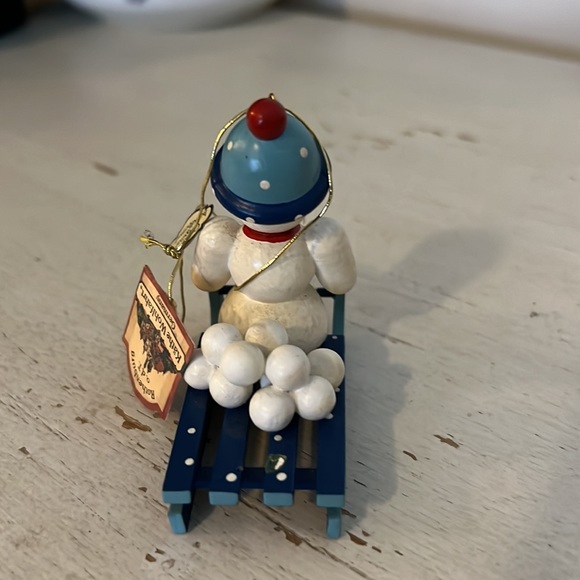 Vintage Kathe Wohlfahrt Christmas ornament w/tag snowman on sled Germany - Picture 4 of 5